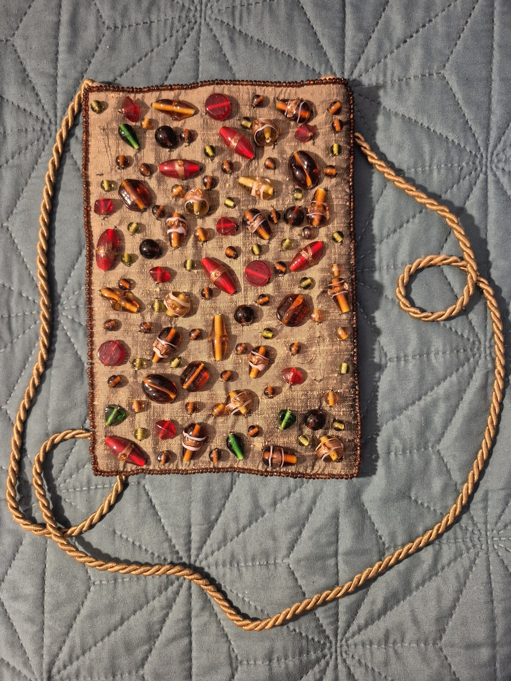 Beaded Crossbody Bag with Gold Rope Strap - Multicolor Beads
